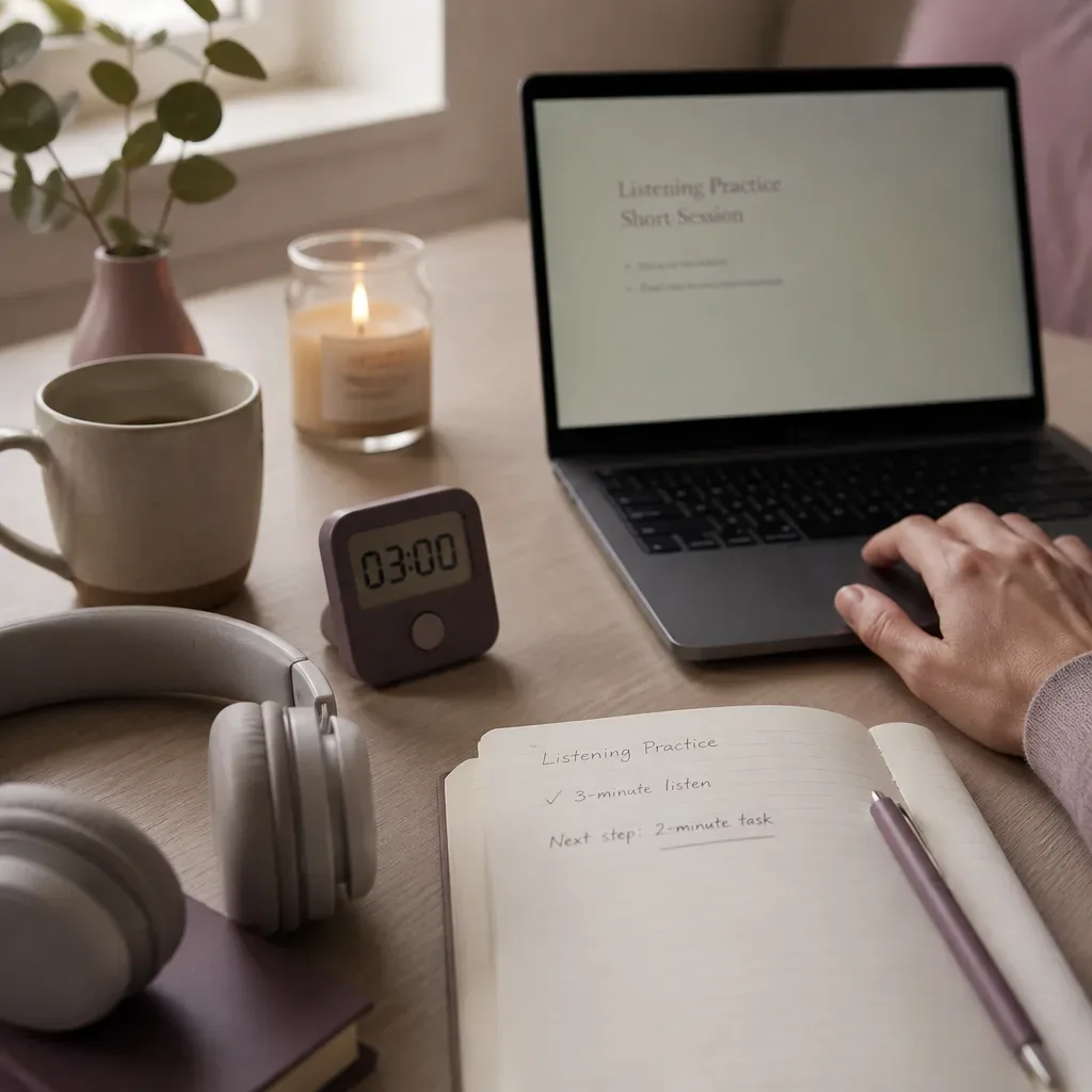 Desk with headphones and one written action