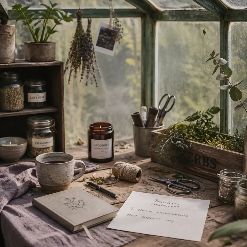 Greenhouse bench with herbs and notebook