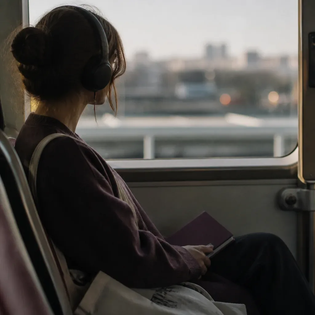 Headphones and notebook on a morning bus