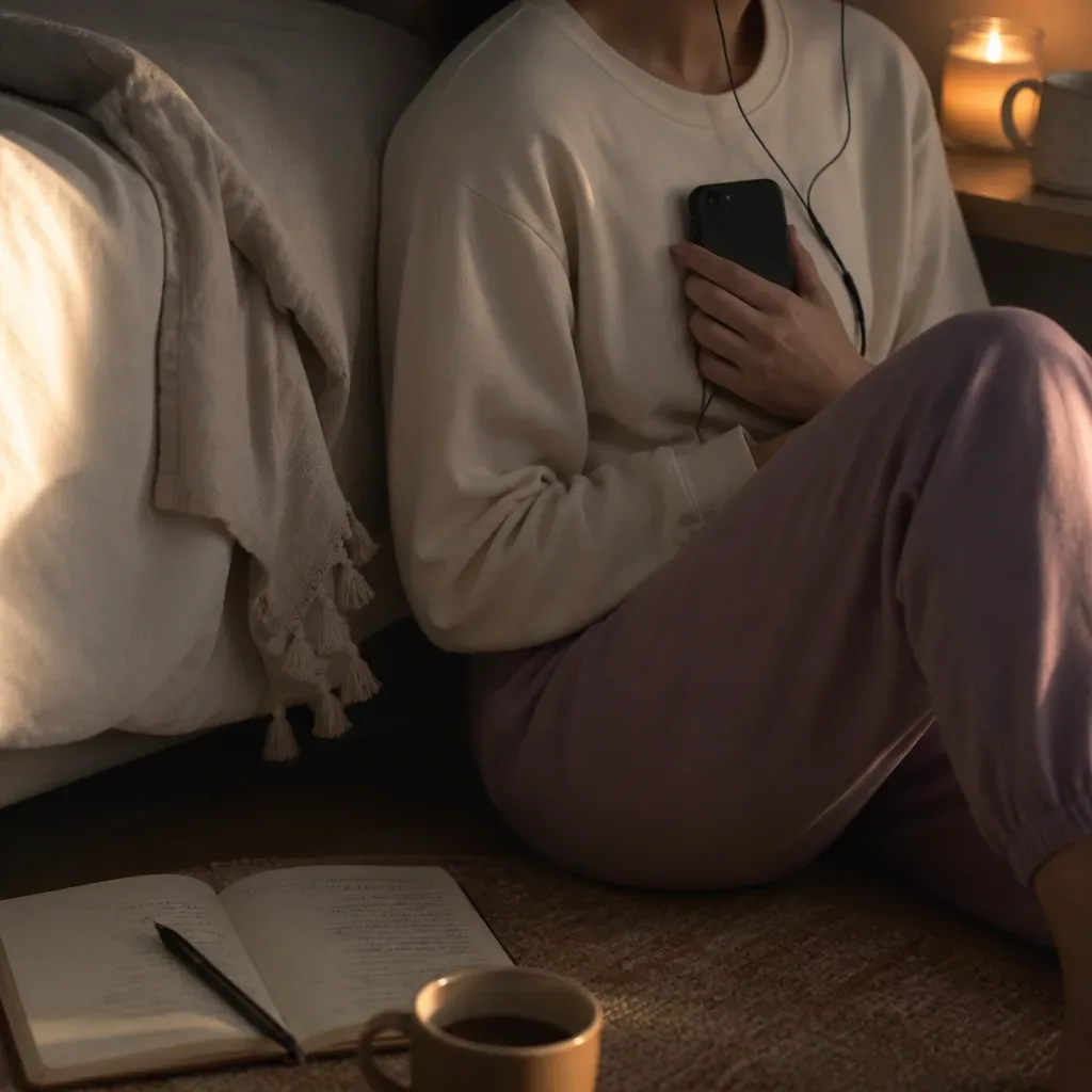 Person listening to future-self audio at night