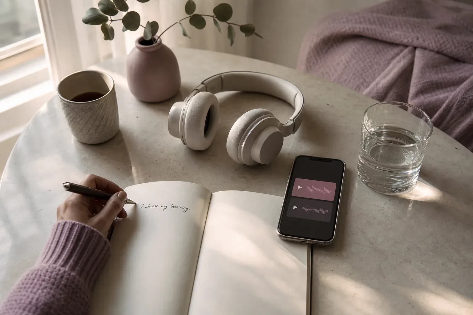 Headphones resting beside a quiet morning window