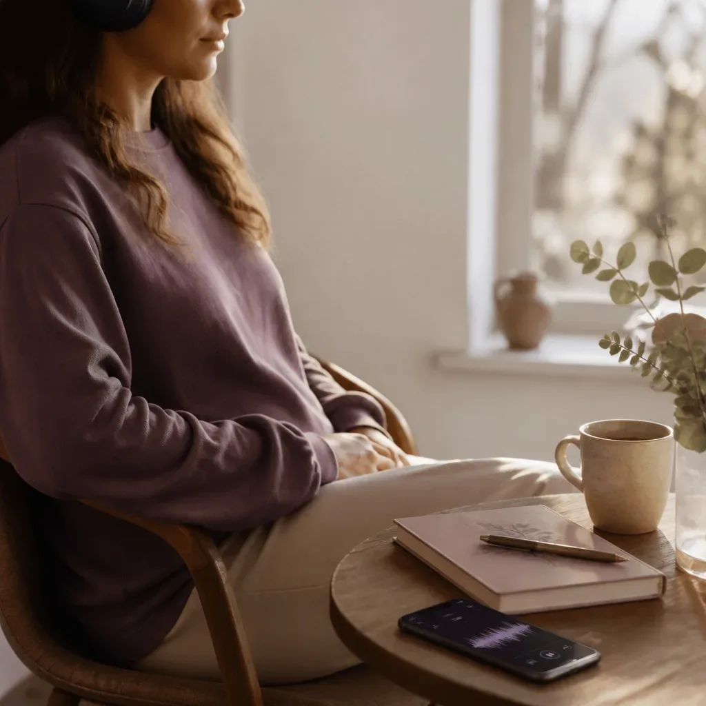 Person listening quietly beside a morning window