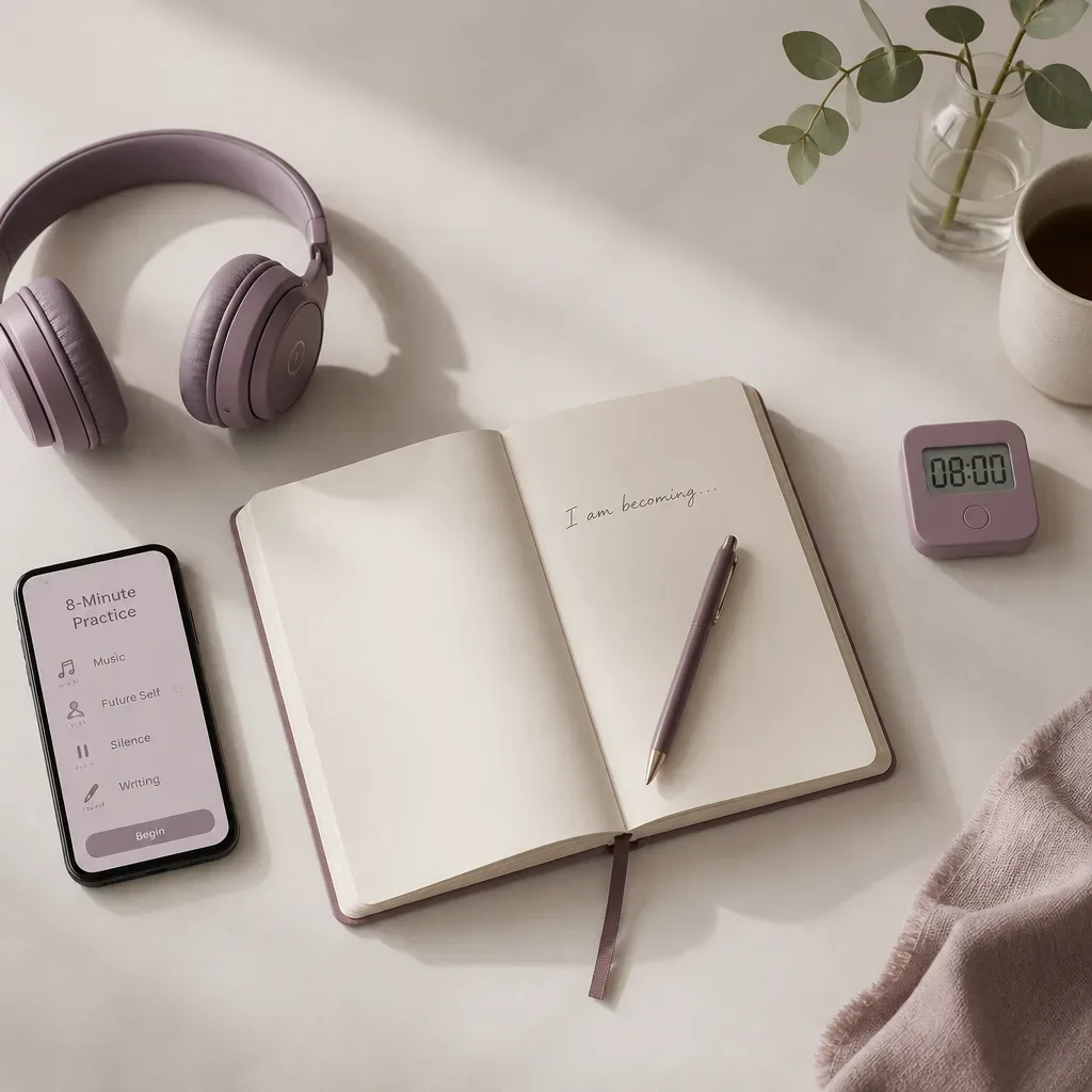 Headphones and notebook arranged for a short practice