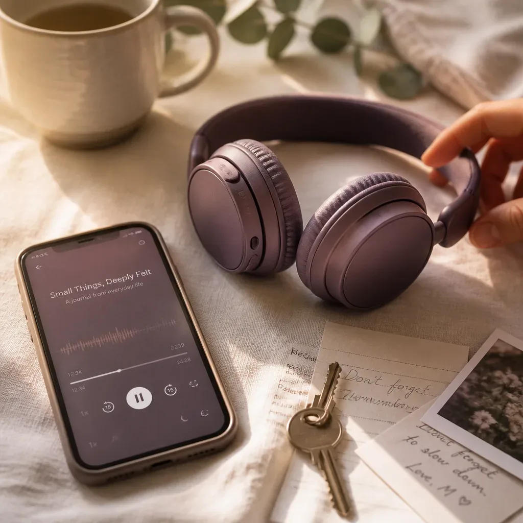 Headphones and phone ready for daily listening