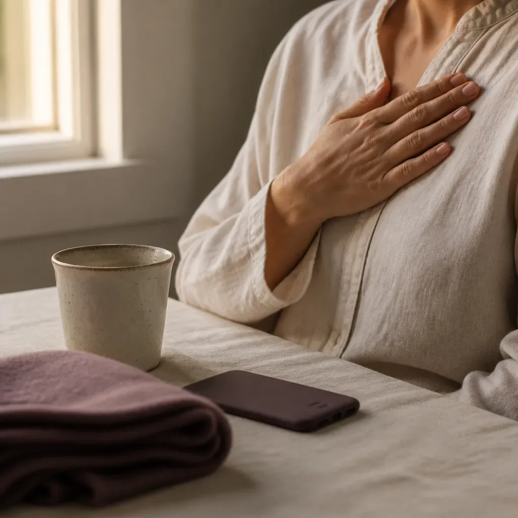 Hand on chest during quiet audio practice