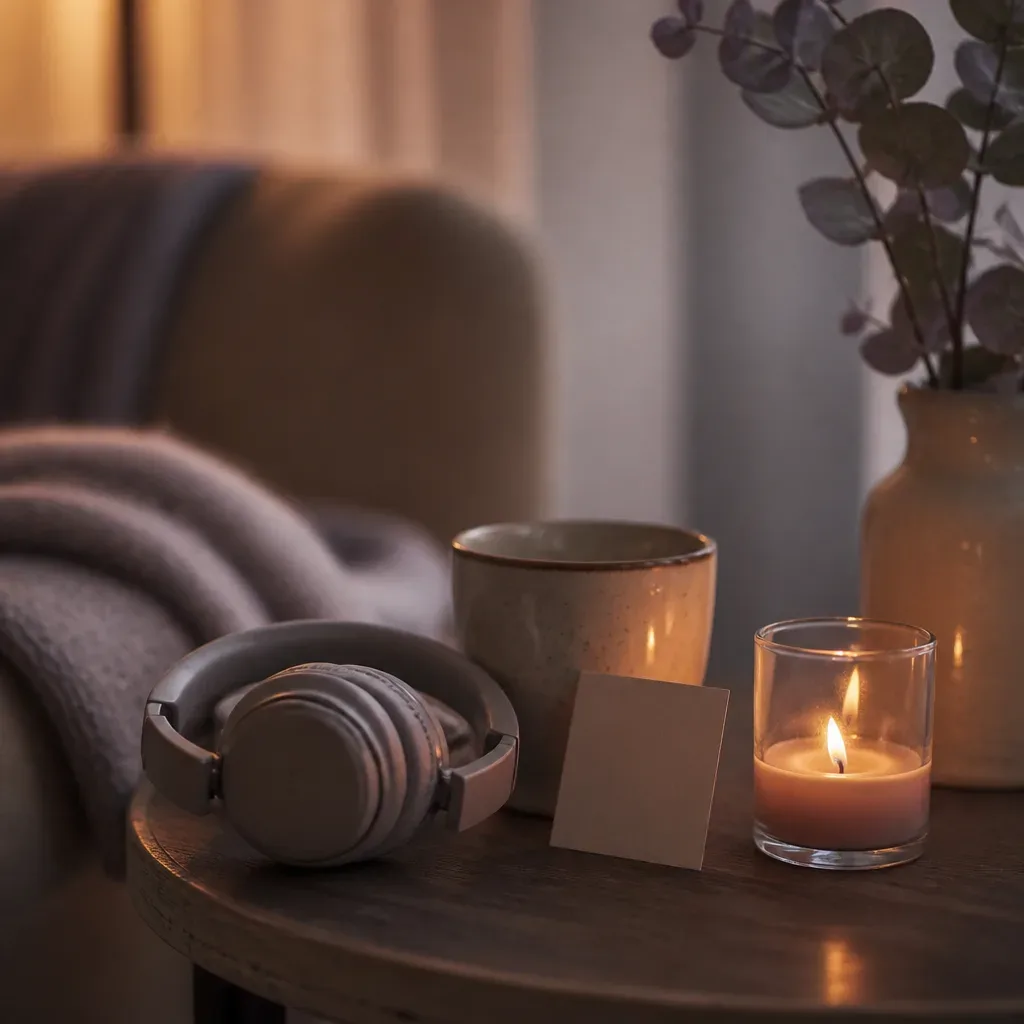 Headphones waiting beside candle and mug