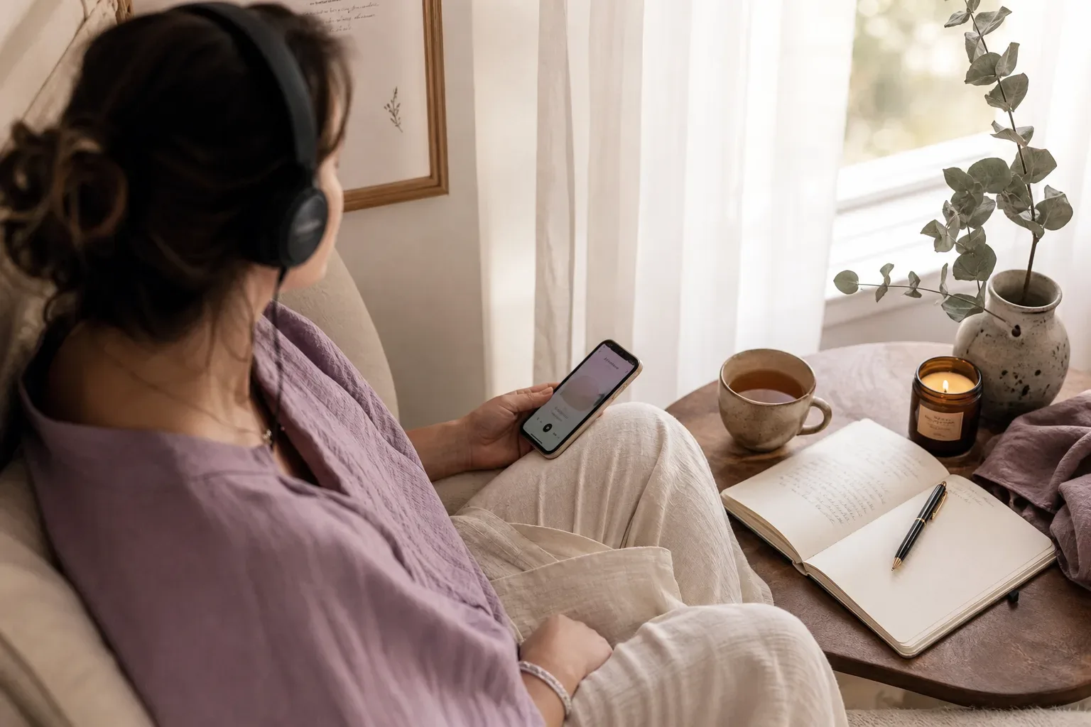 Woman listening quietly beside a morning window