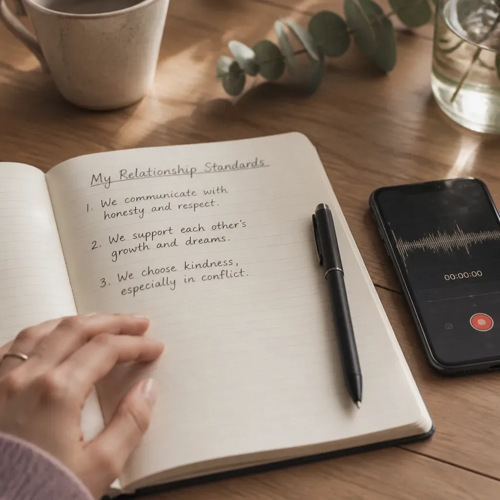 Notebook with relationship standards and audio recording phone