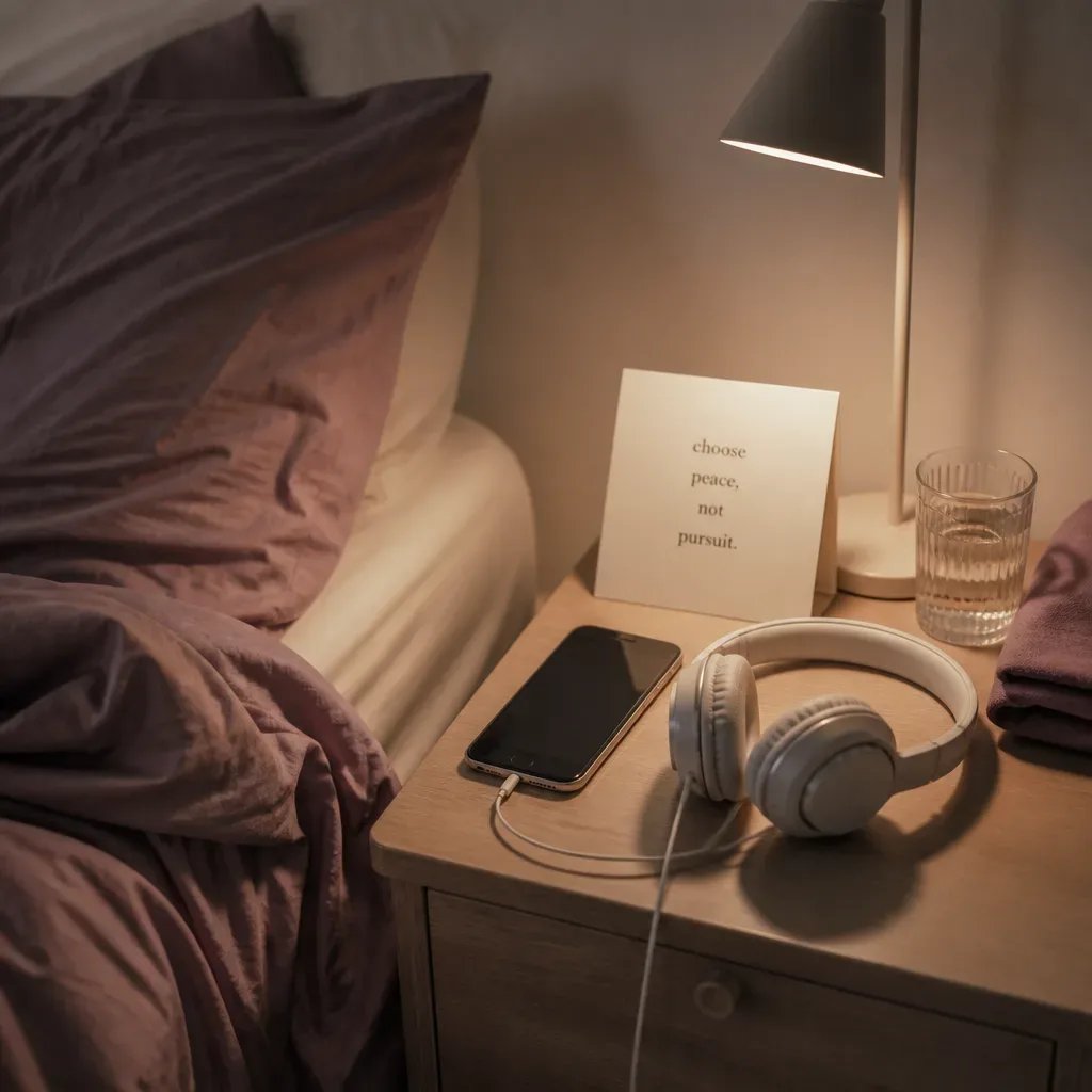Headphones and phone resting beside a quiet bed