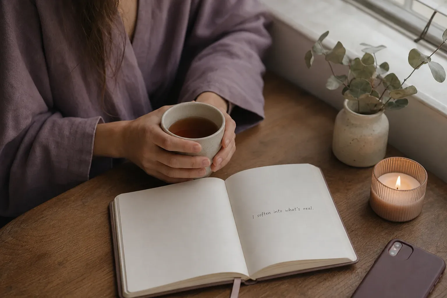 Woman journaling beside tea in morning window light