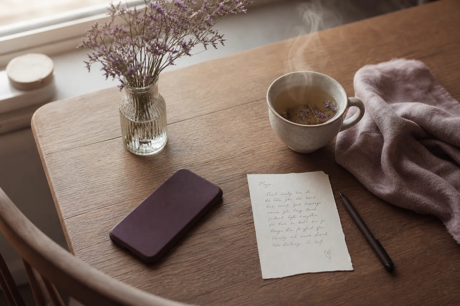 Phone beside tea before a friendship message