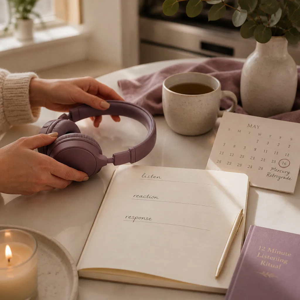 Hands near headphones and retrograde journal