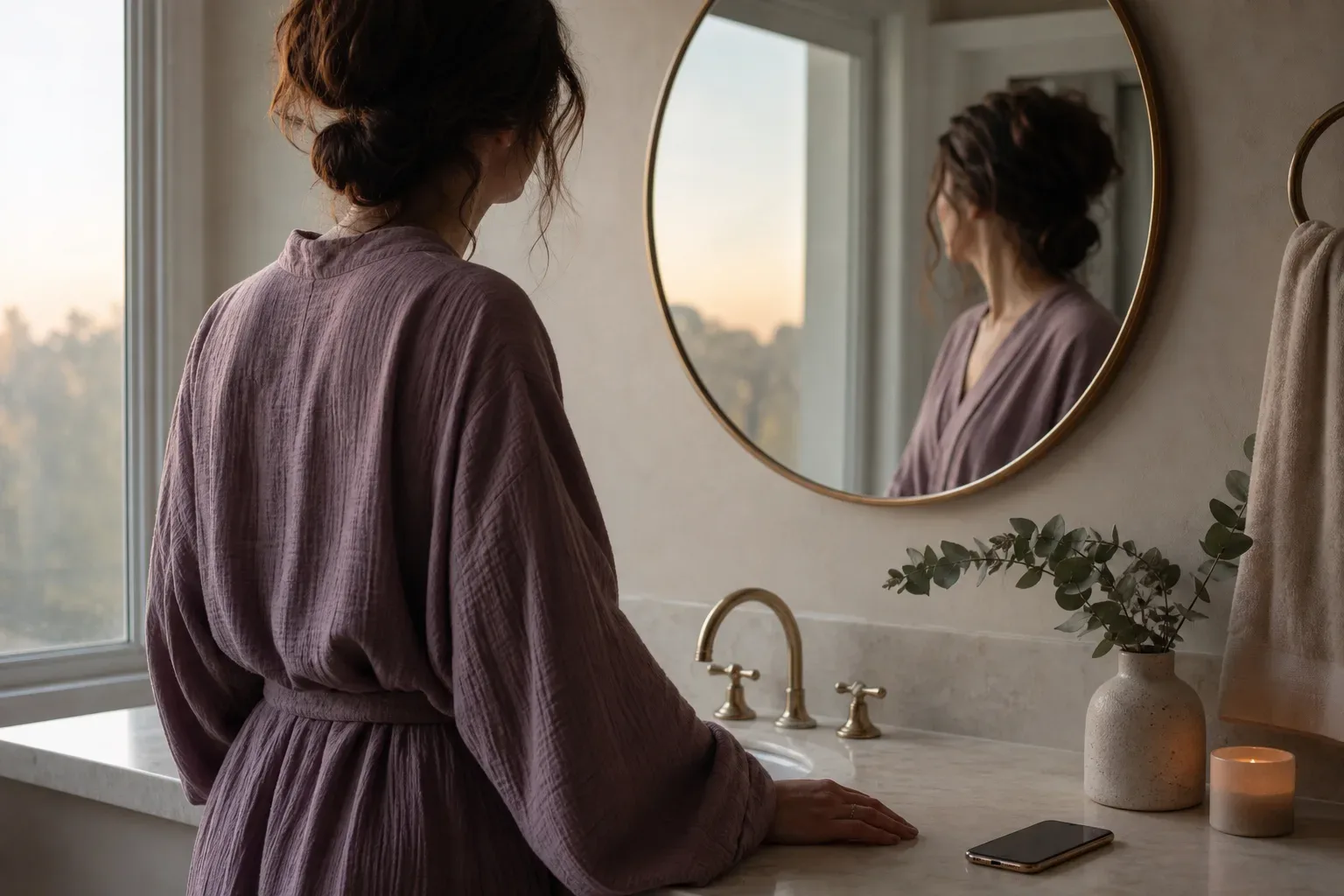 Person facing a quiet mirror beside a phone