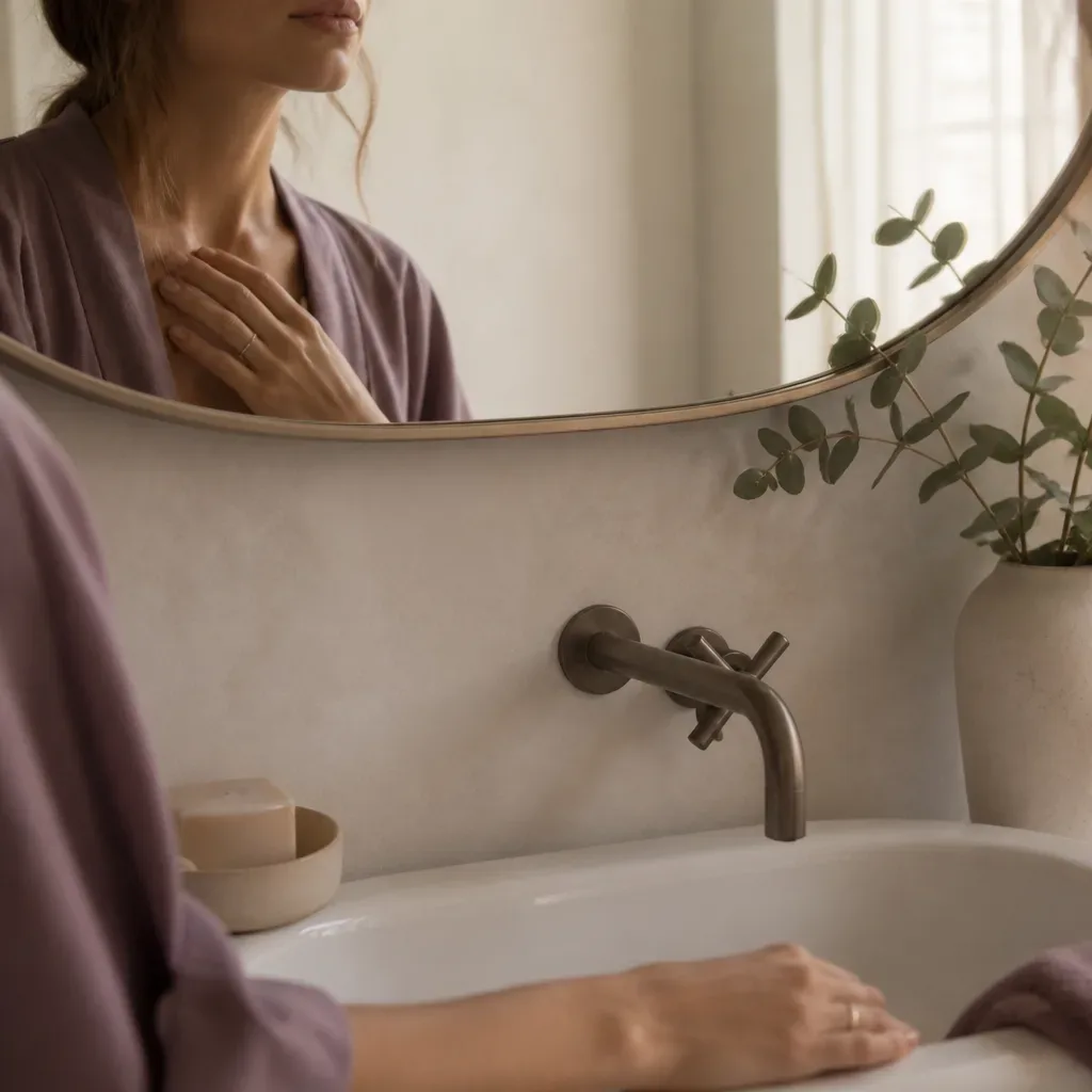 Person touching collarbone near a bathroom mirror