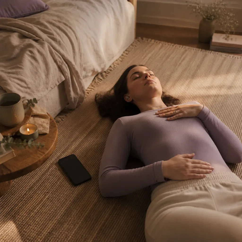 Person listening to audio while resting on a rug