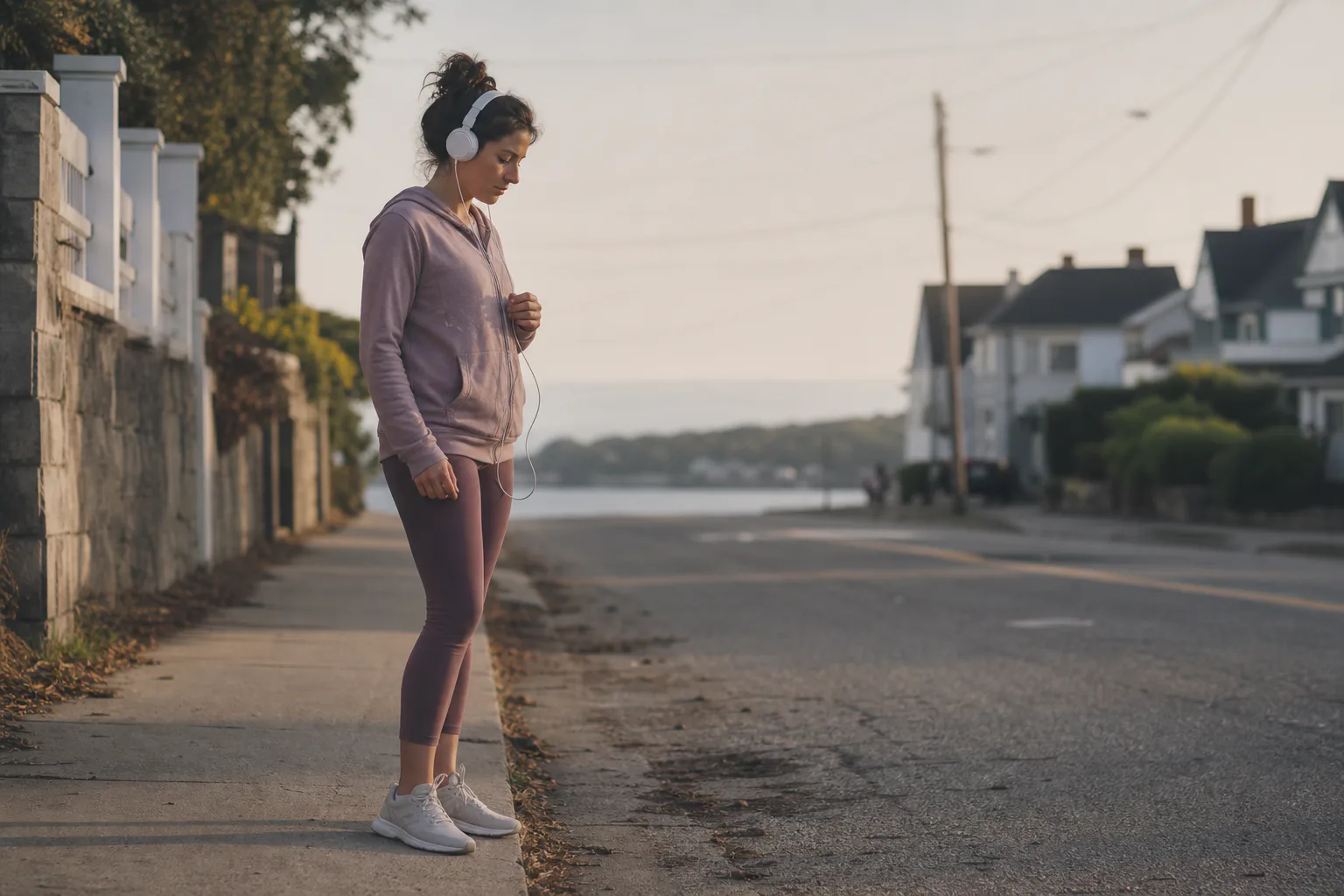 Woman walking quietly with headphones near soft morning light