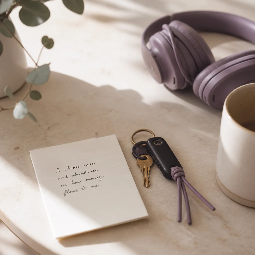Handwritten money intention beside keys and headphones