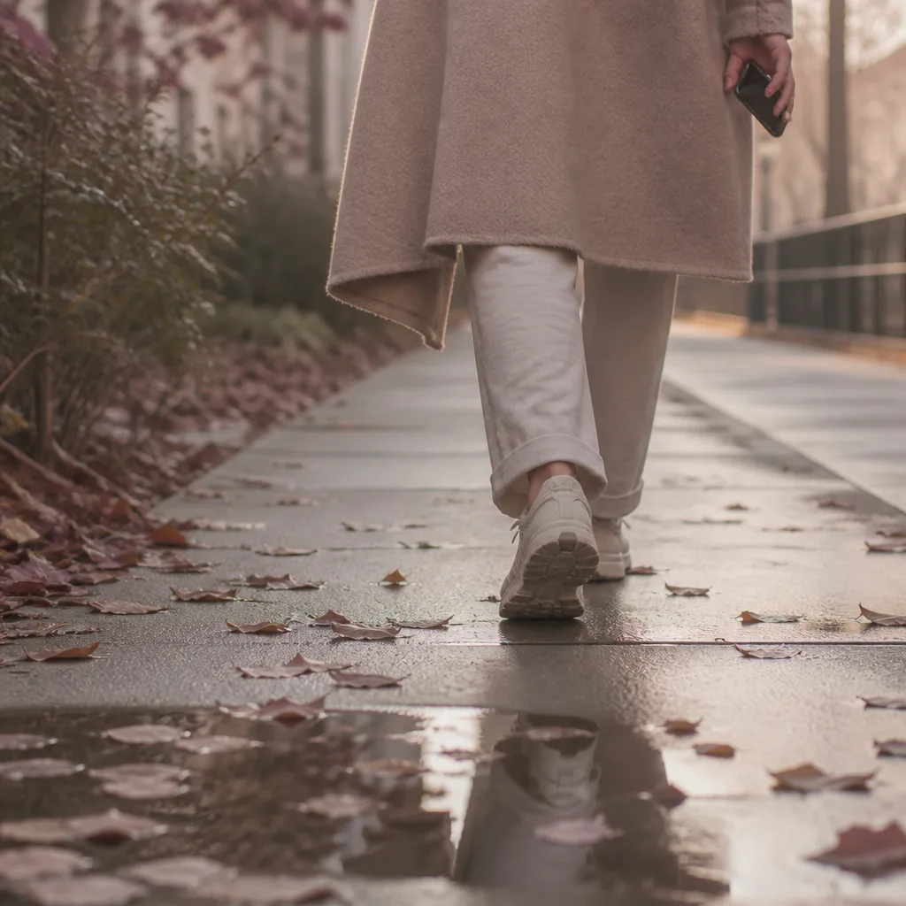 Feet walking slowly on a damp quiet sidewalk