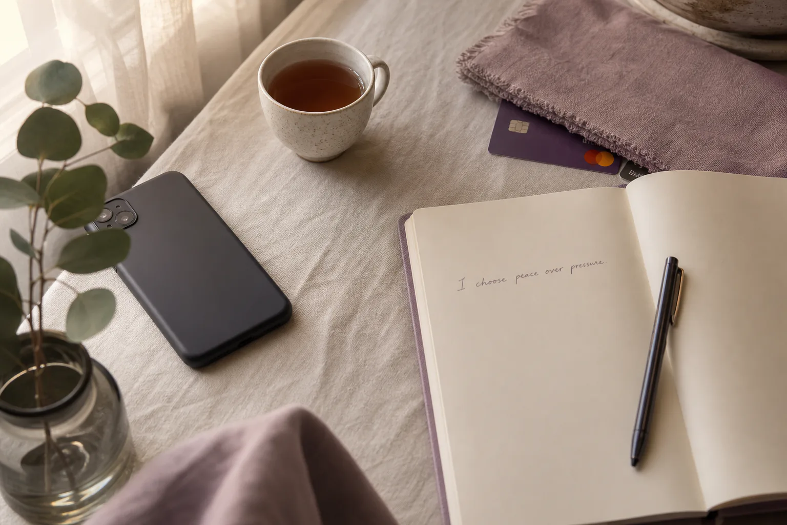 Phone beside tea before checking bank balance