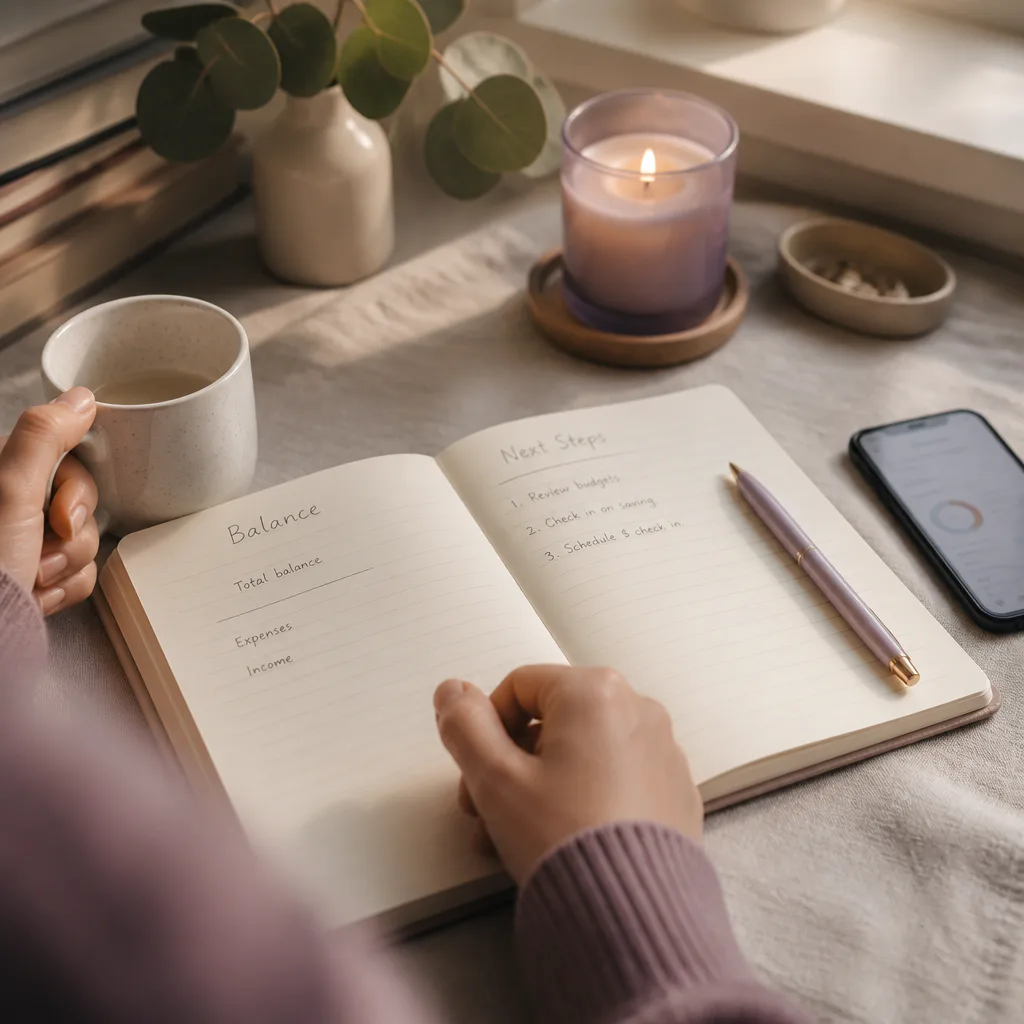Notebook with balance and one next action
