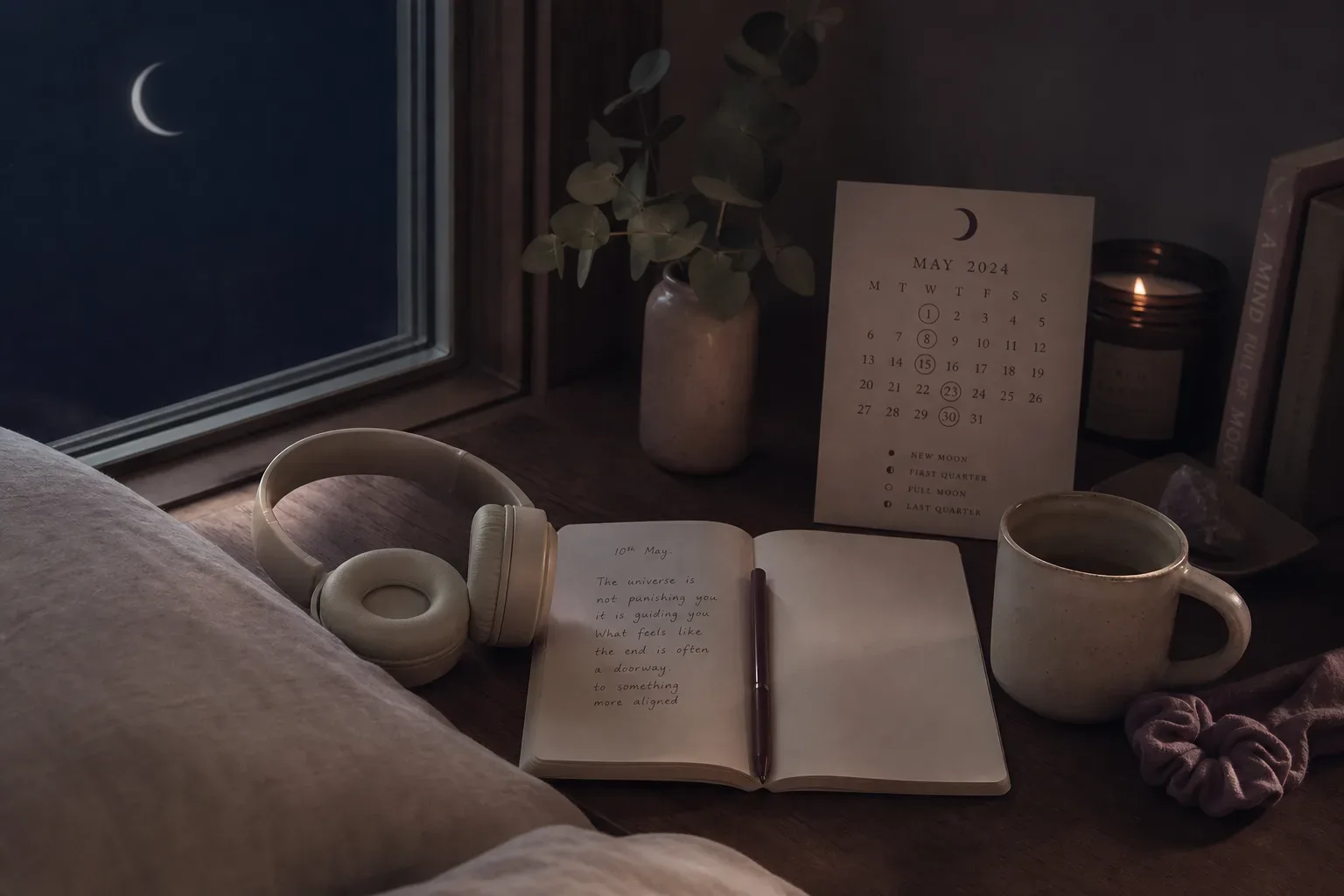 Moonlit bedside with headphones and an open journal