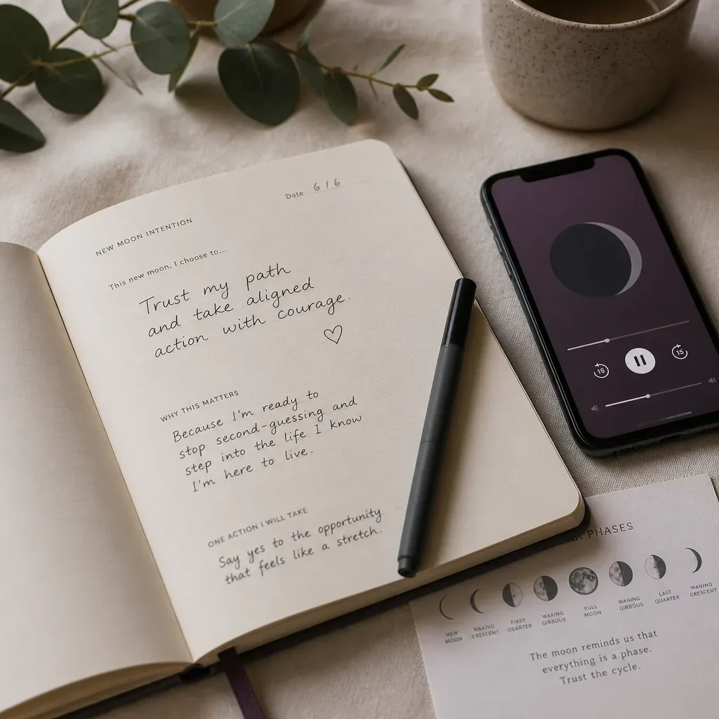 Notebook with new moon intention and headphones