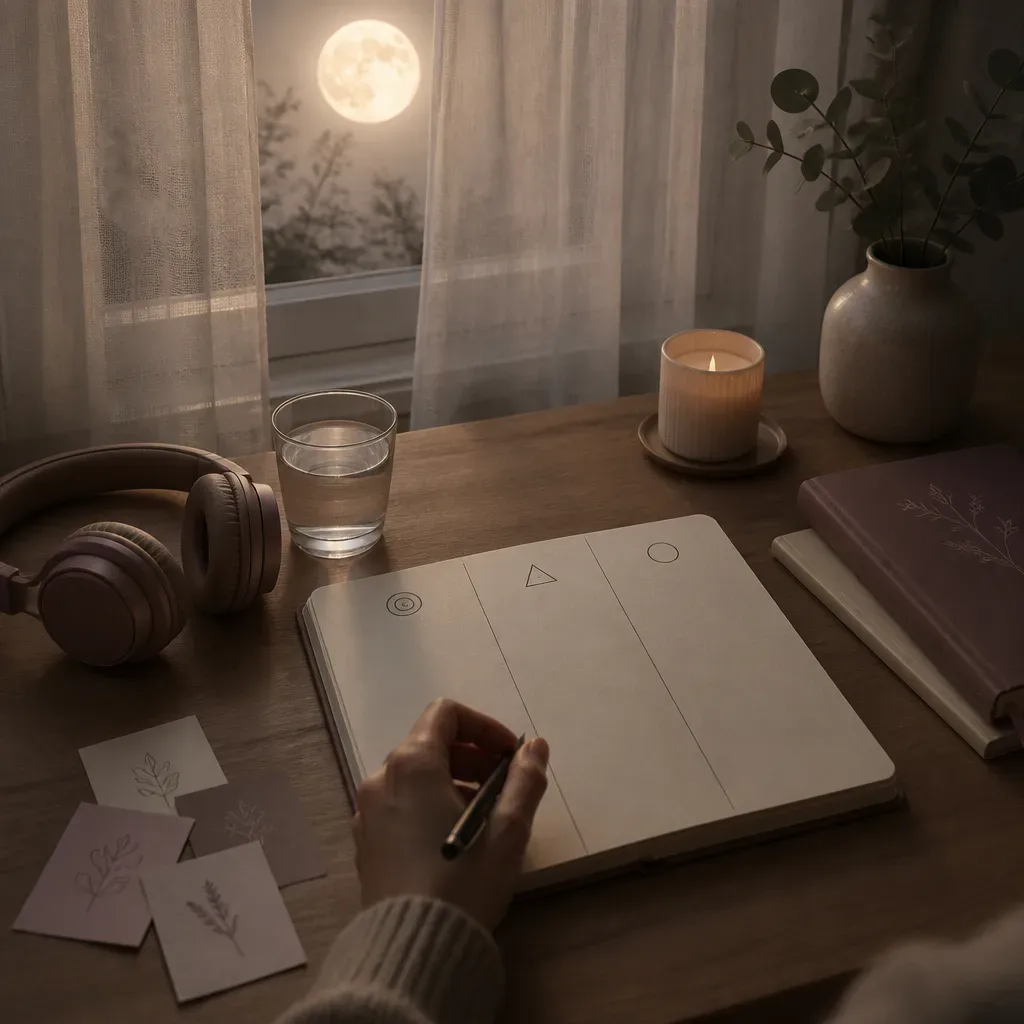 Full moon review desk with journal and headphones