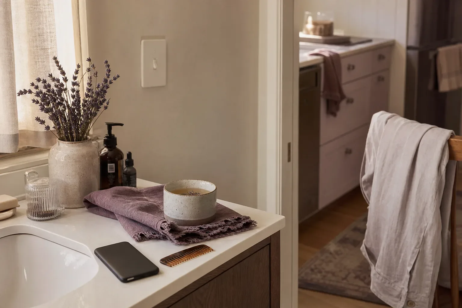 Morning sink with tea, towel, and soft light