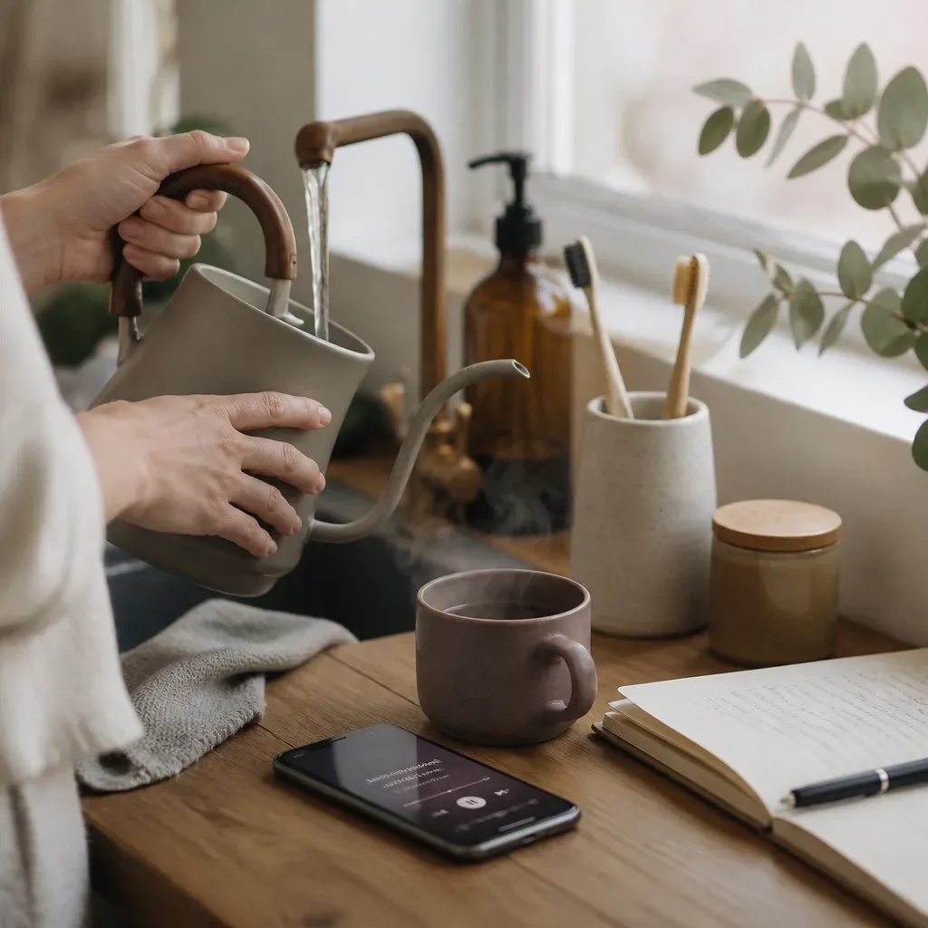 Hands start audio beside a morning kettle