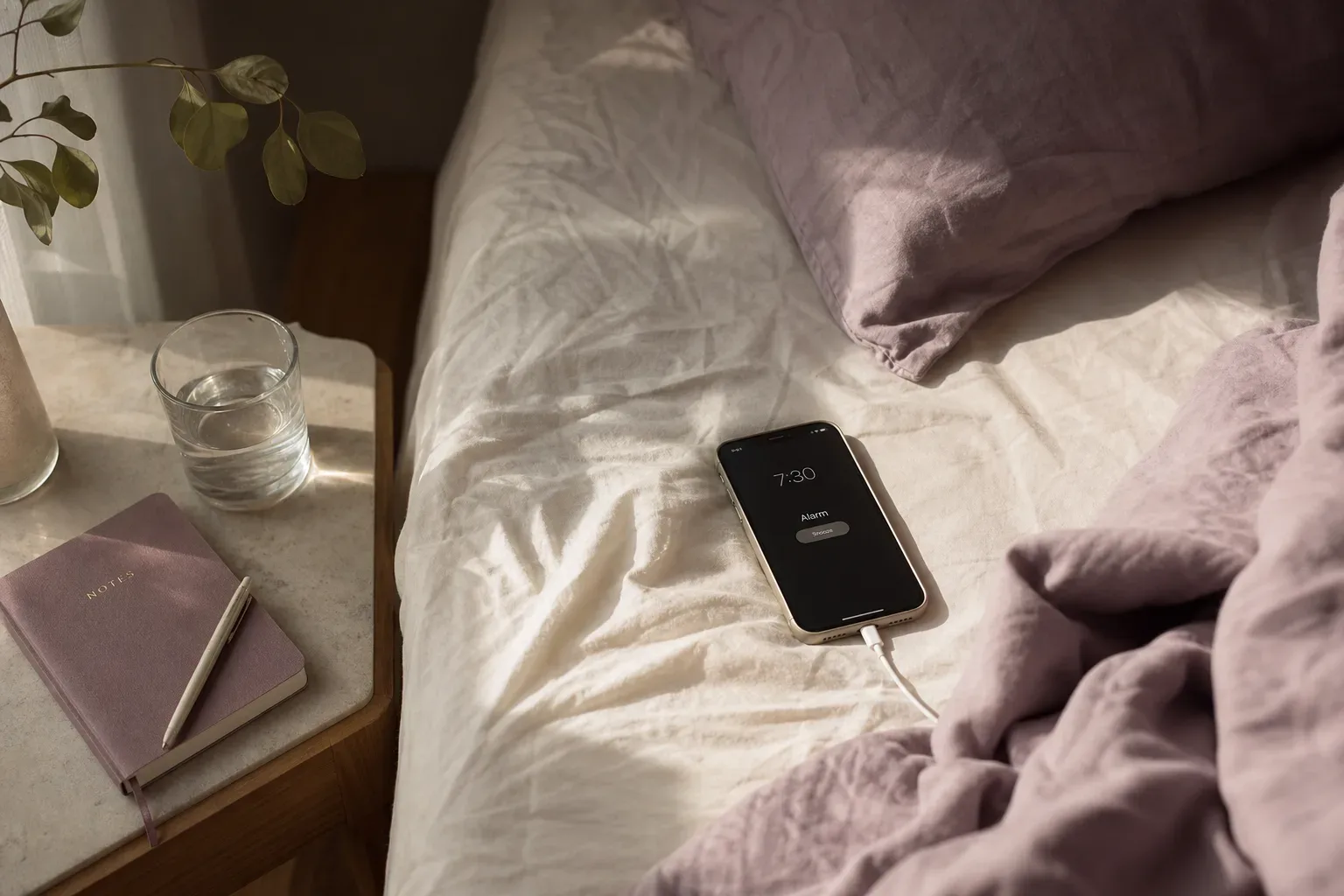Bedside phone, rumpled sheets, and morning light