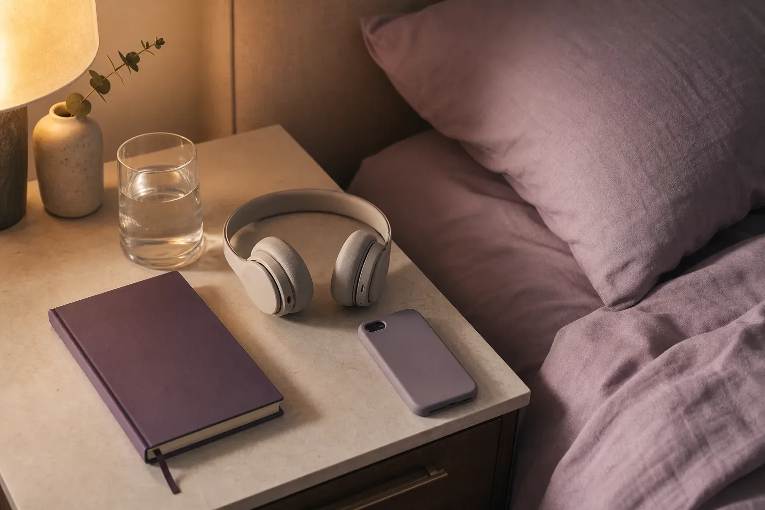 Bedside notebook and headphones in soft night light