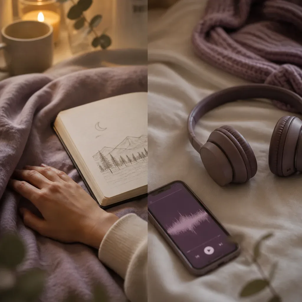 Notebook scene and headphones beside a bed