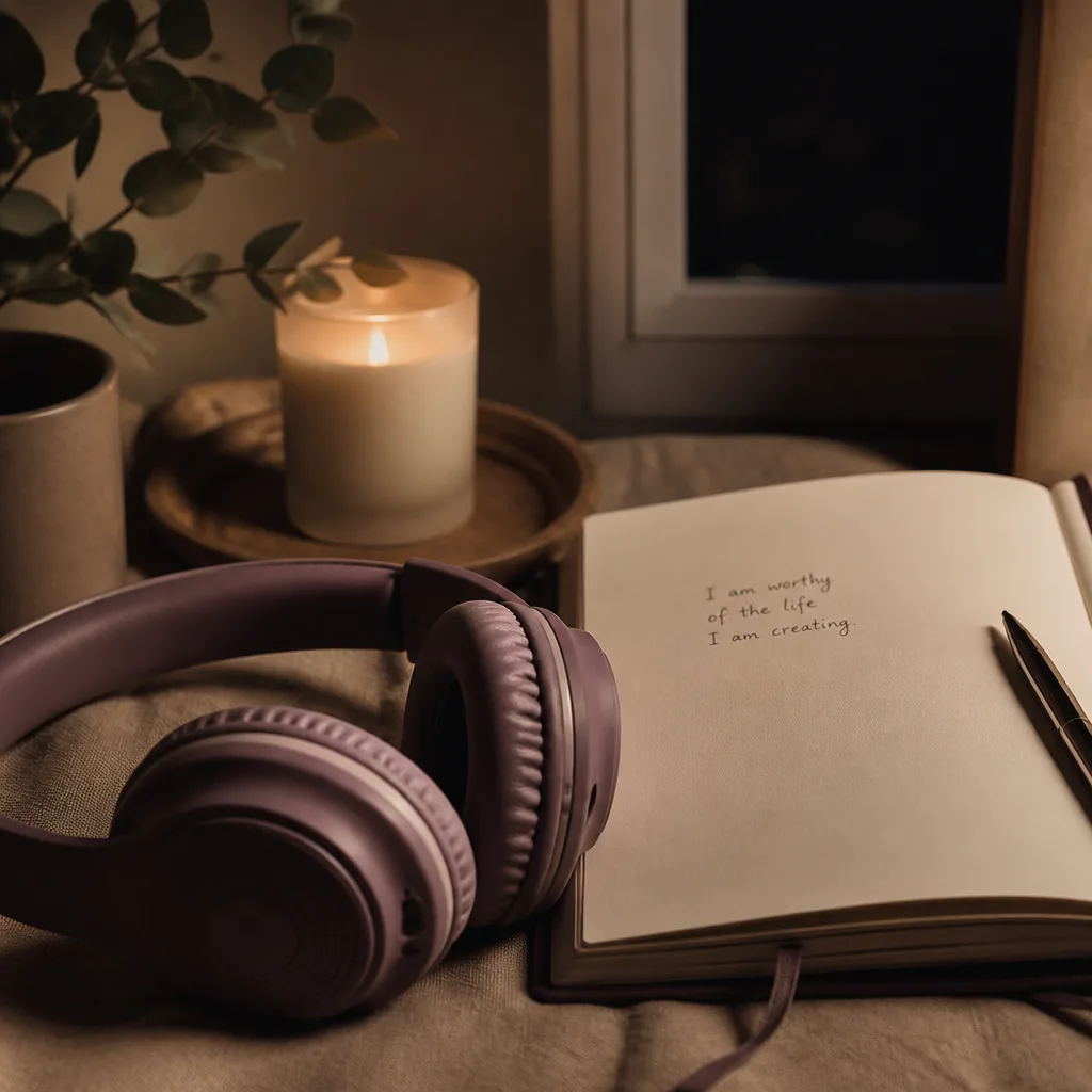 Headphones beside notebook with one written intention