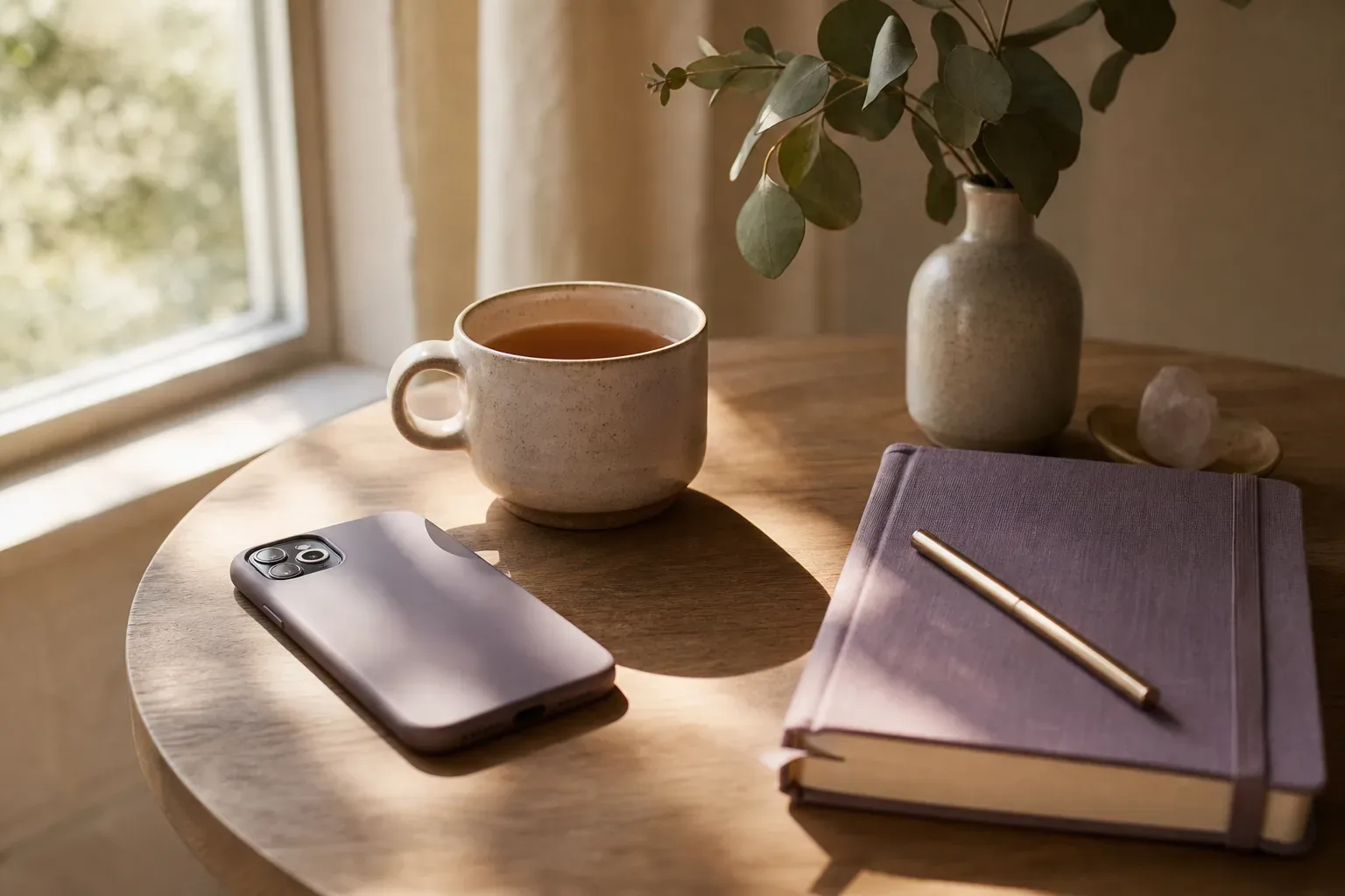 Phone resting beside tea in early morning light