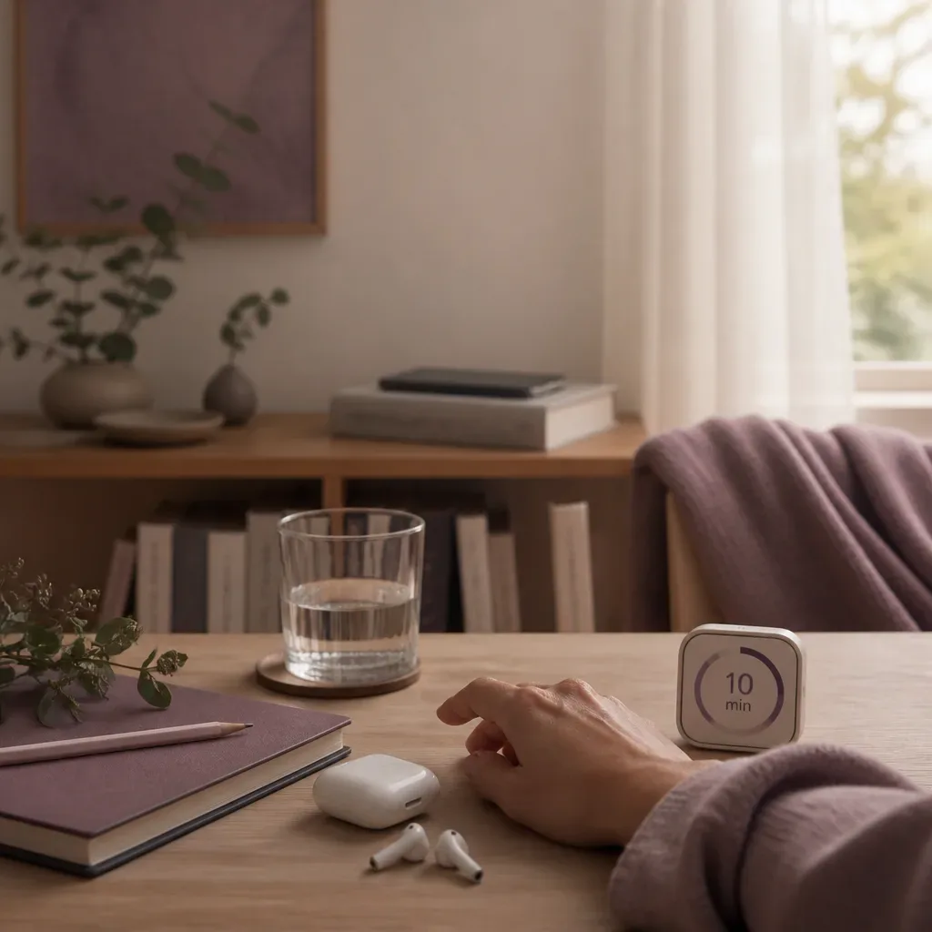 Earbuds and phone set apart during pause