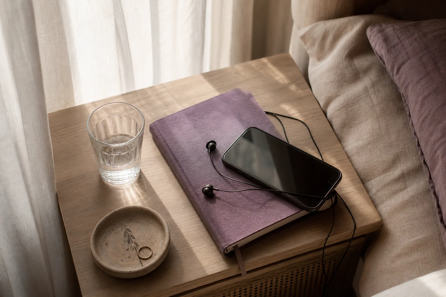 Phone and notebook beside soft morning light