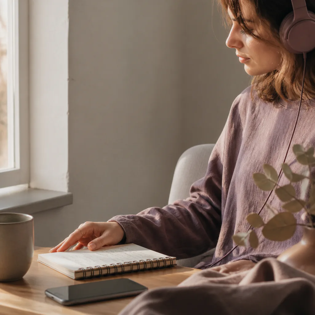 Person listening quietly beside a morning window