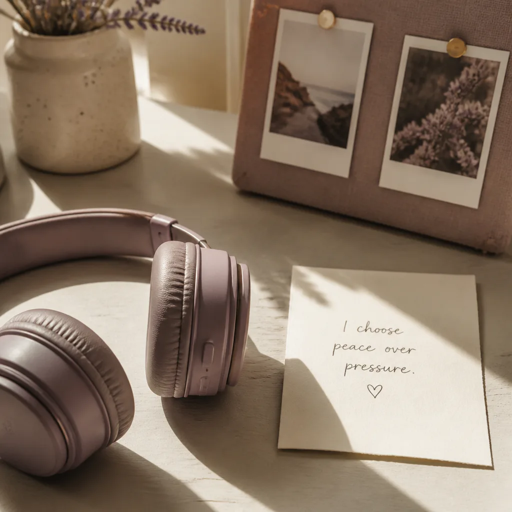 Headphones beside affirmation card and photo board