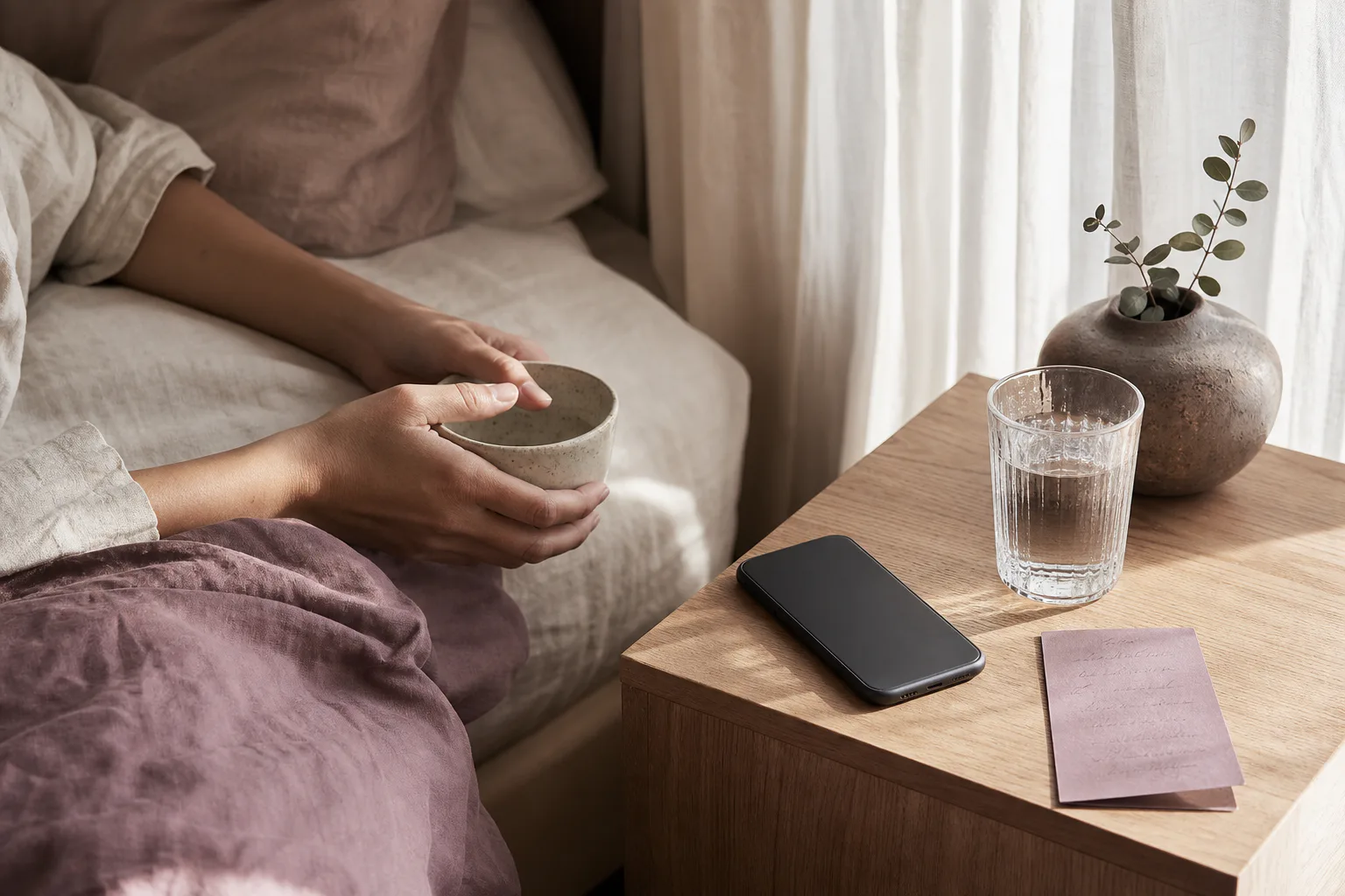 Phone beside water with quiet morning light
