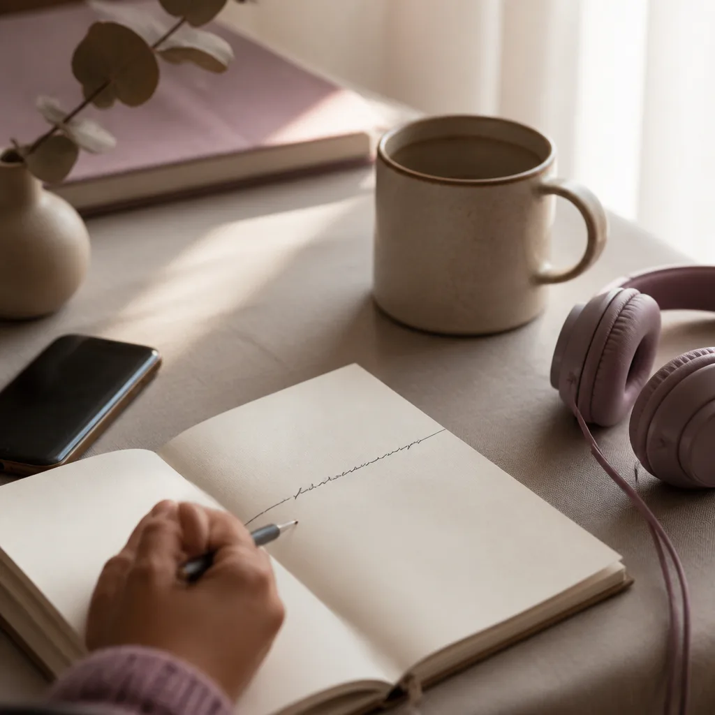 Notebook goal beside phone and headphones