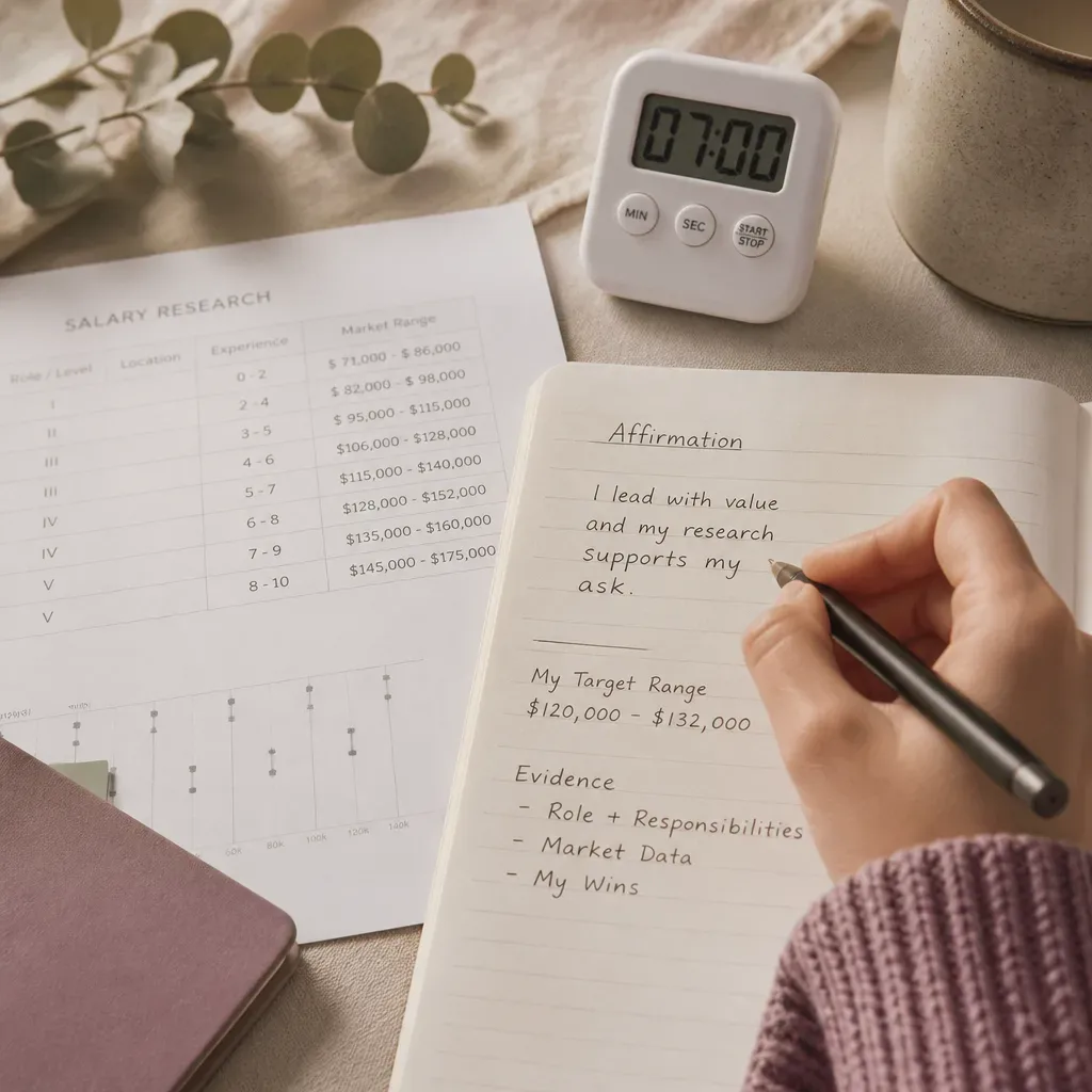Handwriting an affirmation beside salary research notes