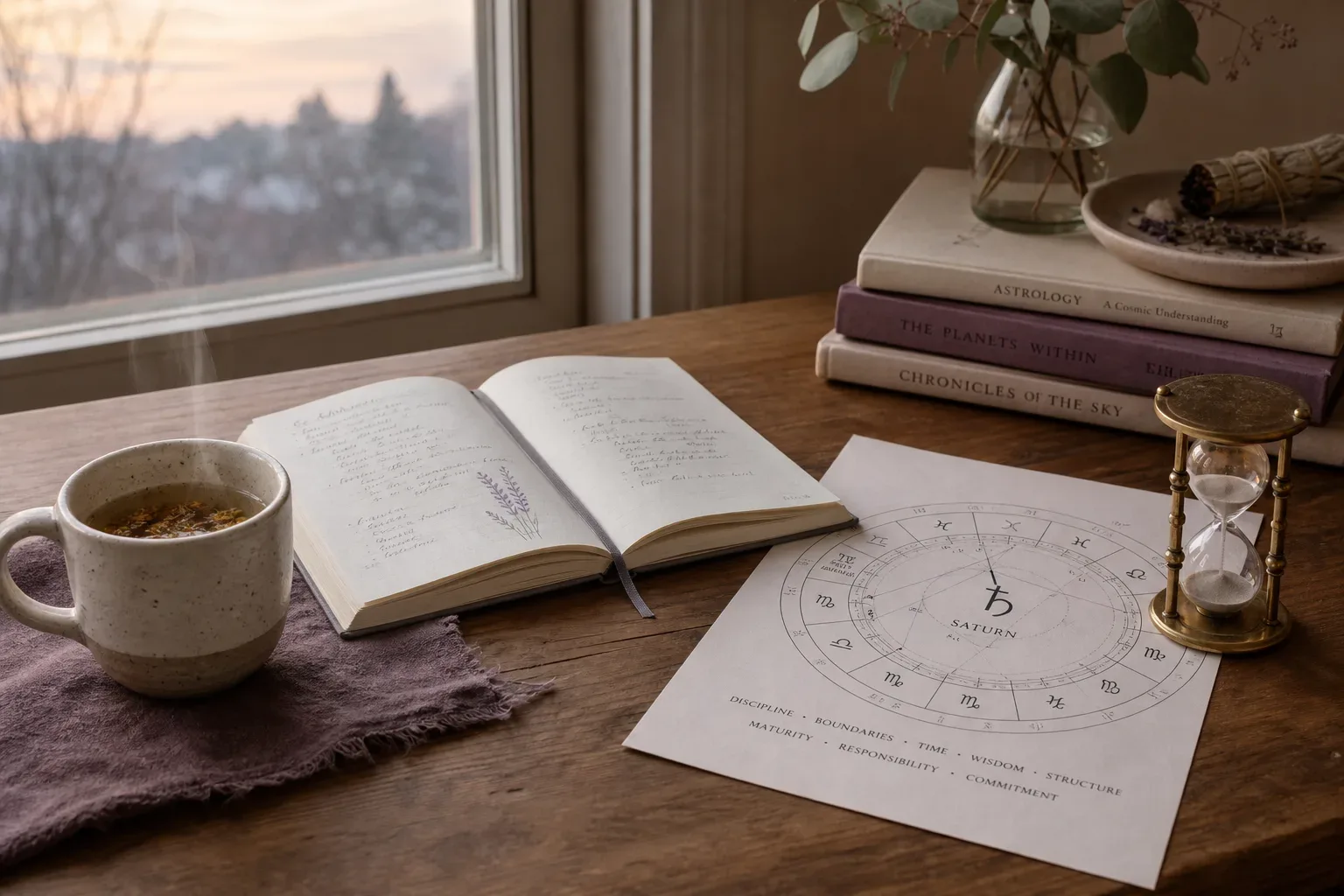 Meja tenang dengan teh, buku catatan, dan bagan Saturnus