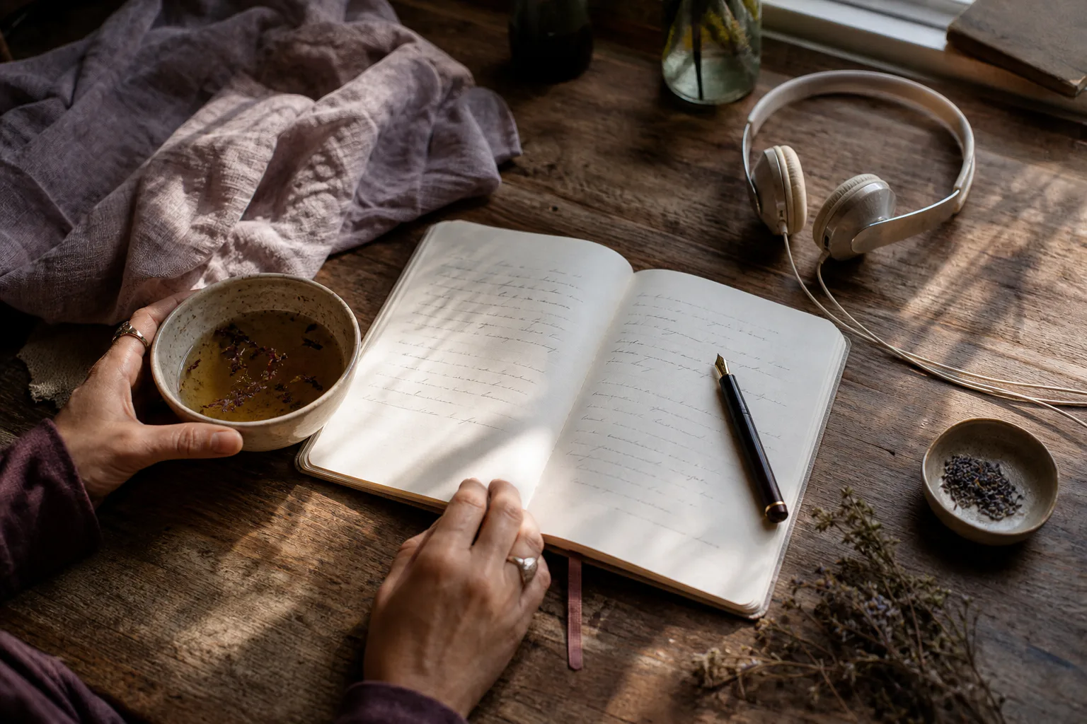 Notebook and headphones beside morning tea