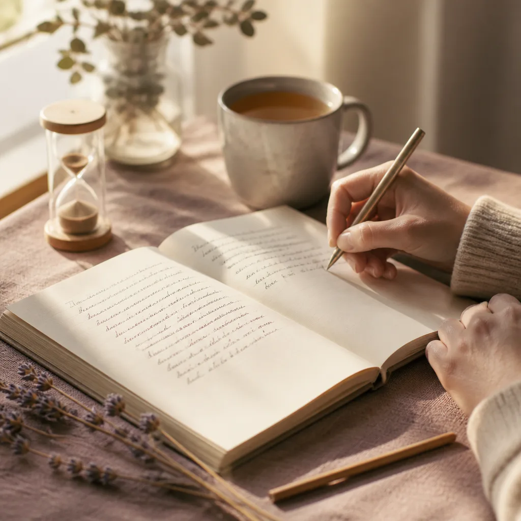 Hand writing a manifestation script beside tea