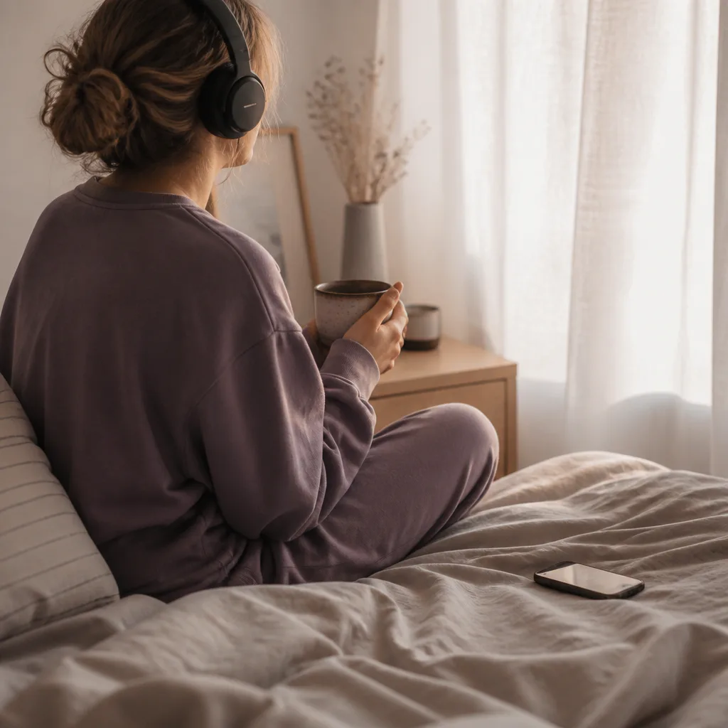 Person listening to future-self audio at dawn