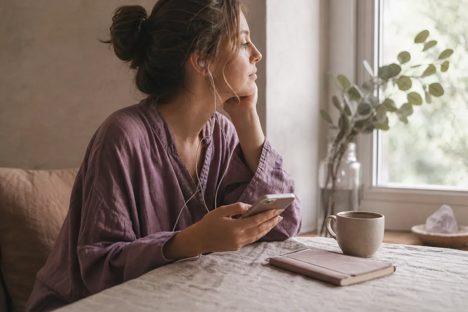 Woman listening quietly beside a morning window