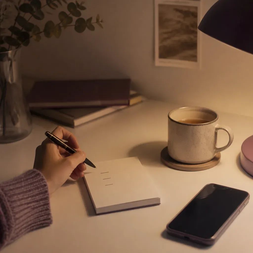 Evening desk with practice notes and phone