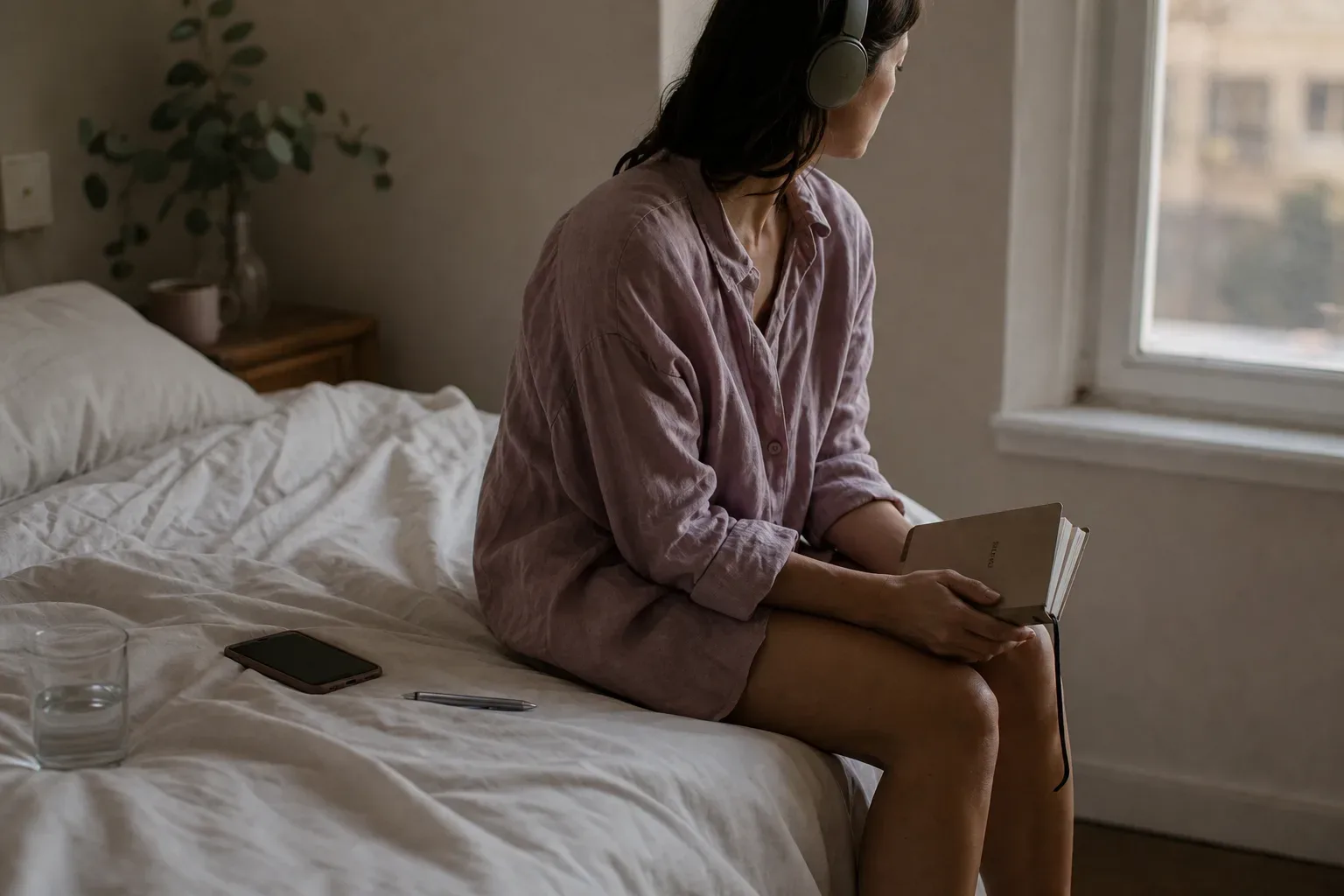 Woman listening quietly beside an open notebook