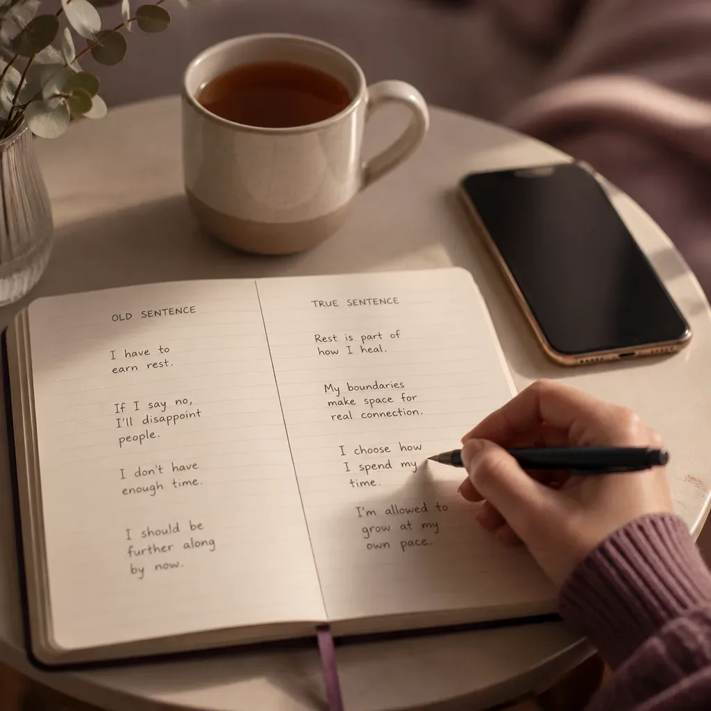 Notebook comparing old thoughts with true affirmations