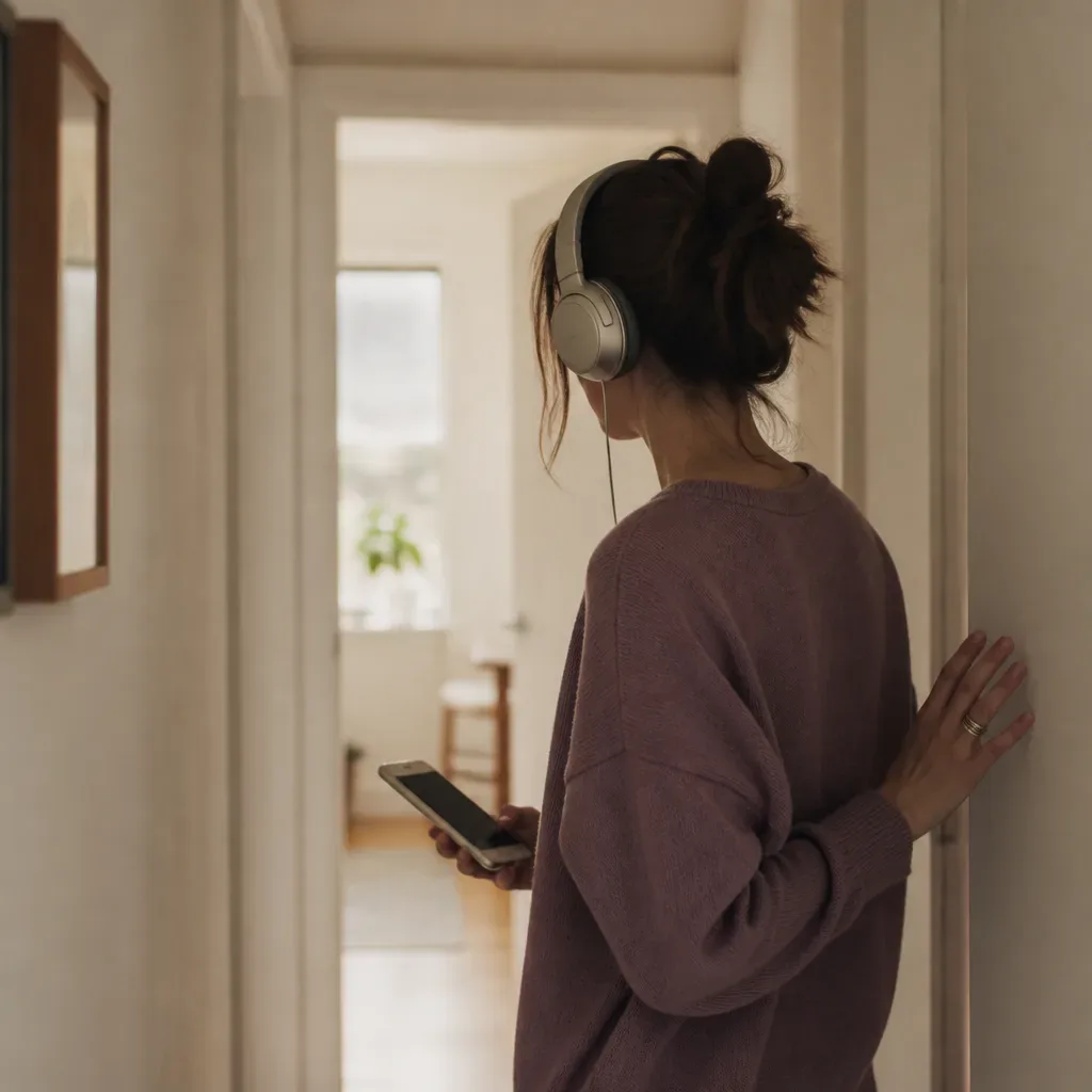 Woman pausing with headphones in a quiet hallway